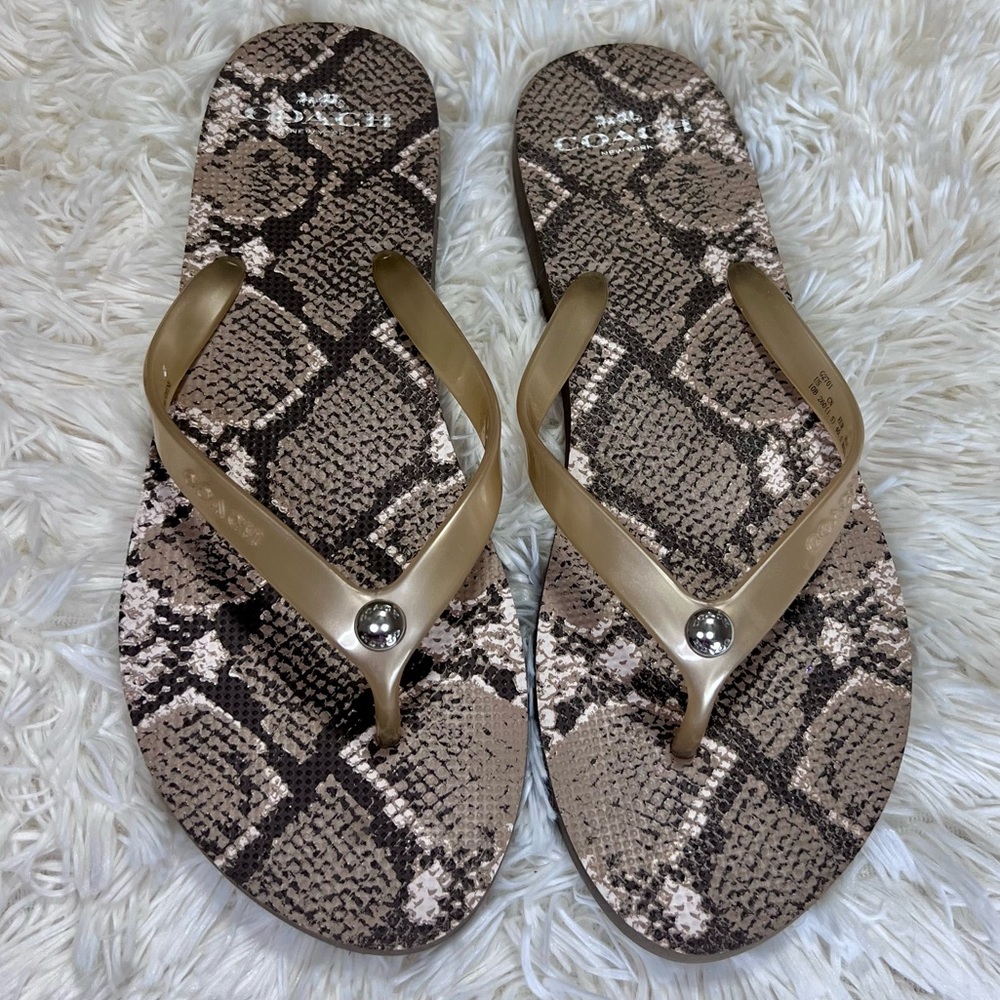 Coach Women's Gold and Brown Snake Print Sandals